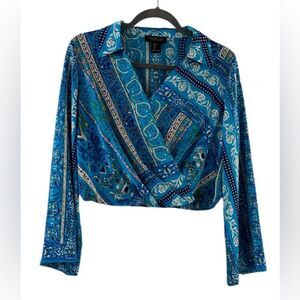 Rachel Zoe Blue Print Cropped Blouse Size Small